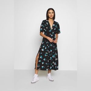 Topshop long dress with side slits floral black and blue, size 2 Small